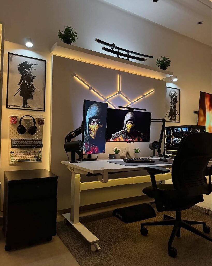 A neon-lit gaming room showcasing various unique geek gifts, collectibles, and smart lighting.