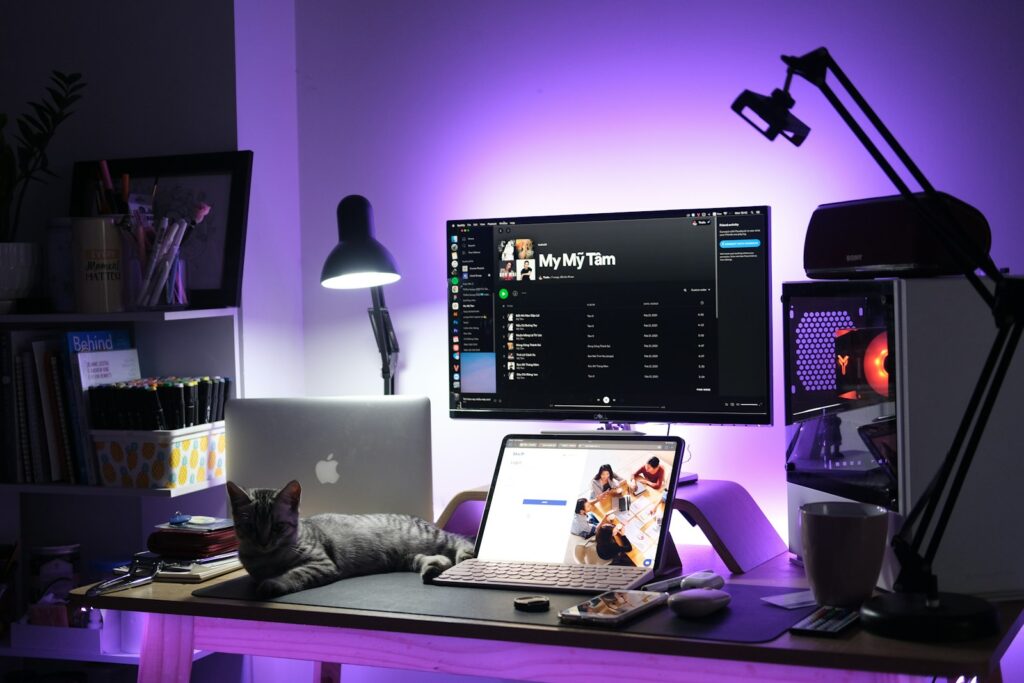 Laptop screen on a desk at night