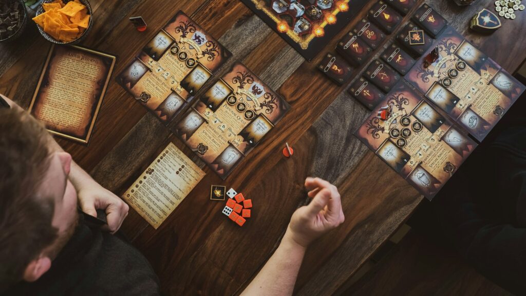 Top-down view of a tabletop game in progress